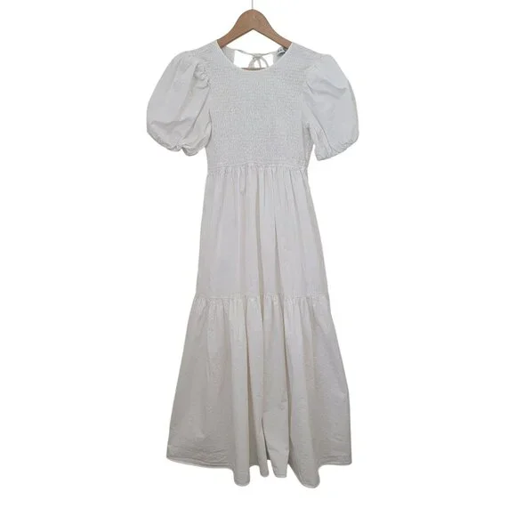 UO EN SAISON MARA White Midi Tiered Smocked Puff Sleeve Dress Women's Sz M - Picture 1 of 11